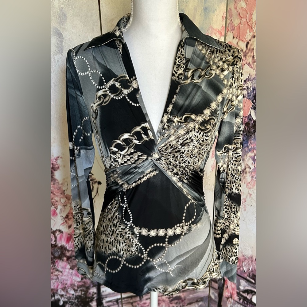Cache - Chic Chain & Pearl Print Collared Blouse. Size S